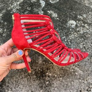 Vince Camuto red suede, caged heels.